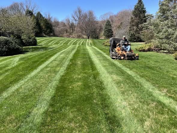 Freshly mowed green lawn with clean professional stripes by Gardner and Sons Landscaping